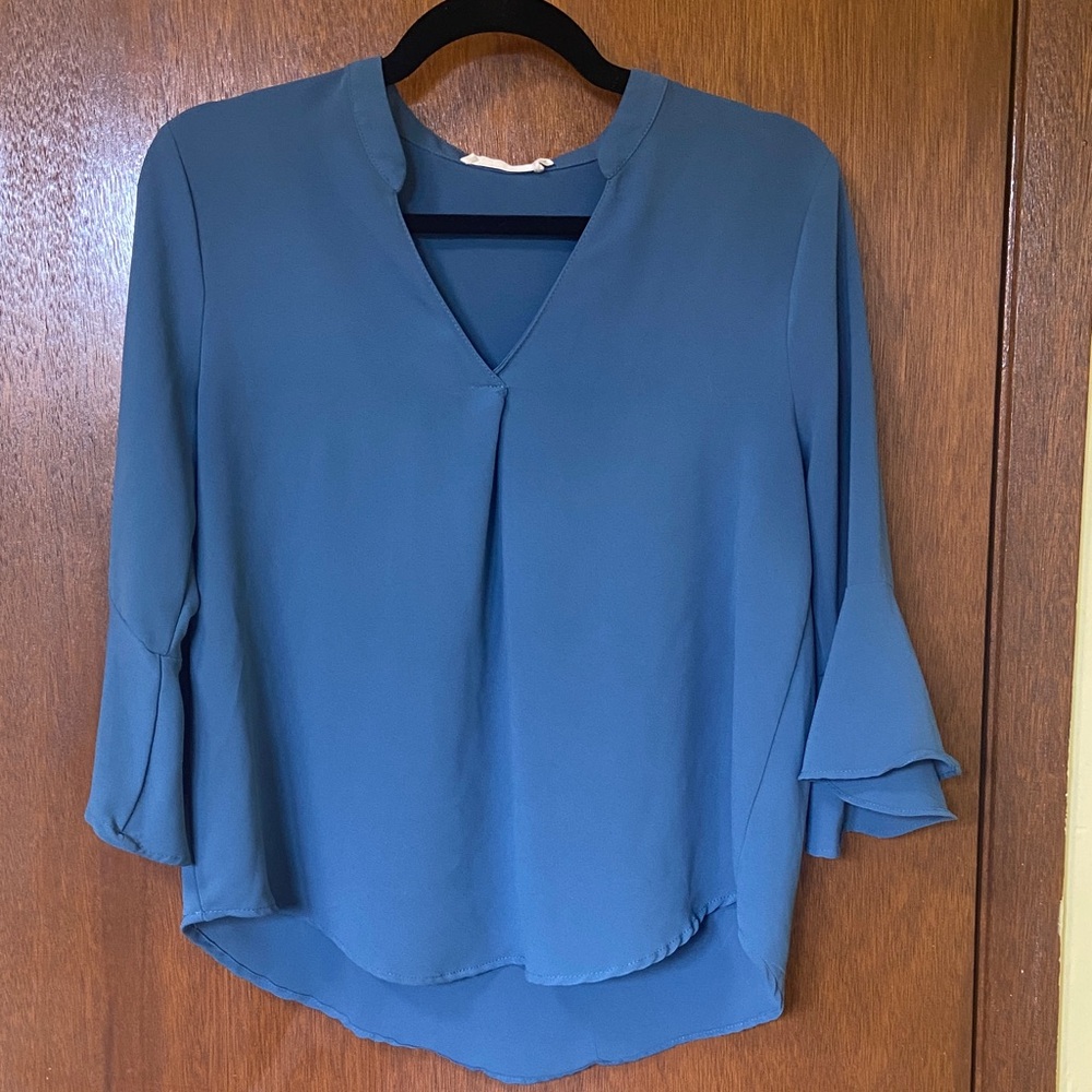 Lush Teal V-Neck Ruffle Sleeve Blouse